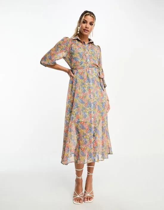 Malika belted midi dress with sheer overlay in mixed floral