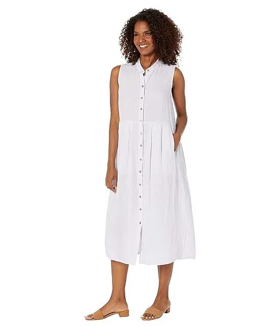 Mandarin Collar Pleated Sleeveless Full-Length Dress in Garment Dyed Organic