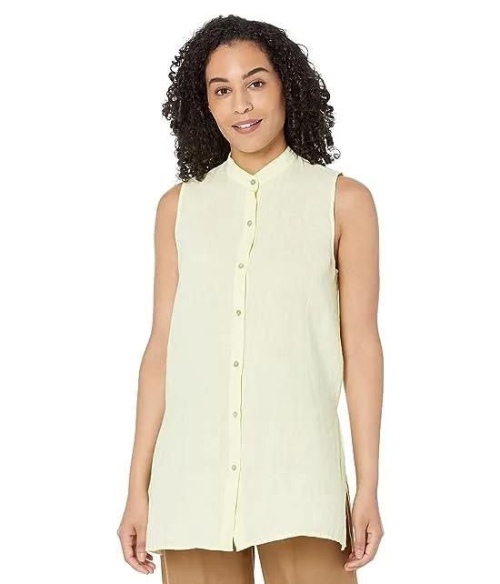 Mandarin Collar Sleeveless Long Shirt in Garment Dyed Organic Handkerchief