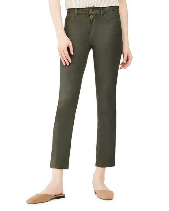 Mara Mid Rise Coated Ankle Straight Leg Jeans in Winter Green