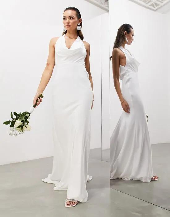 Marlowe satin halter cowl wedding dress in ivory