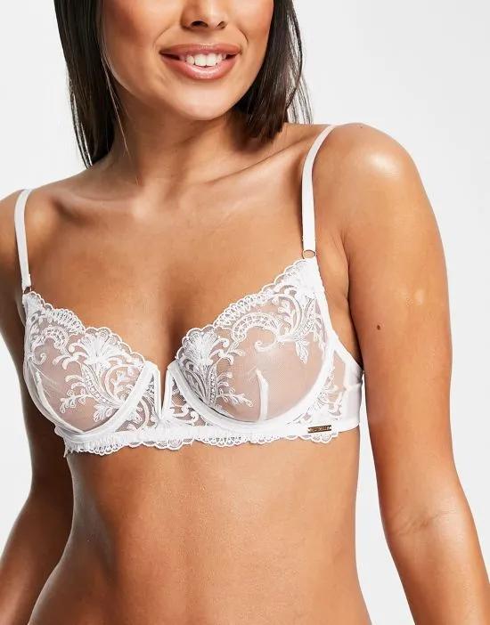 Marseille bridal embroidered mesh non padded balconette bra with V wire detail in white