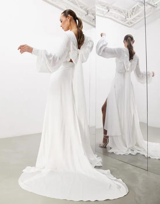 Mary satin wedding dress with drape bow back and blouson sleeves in ivory