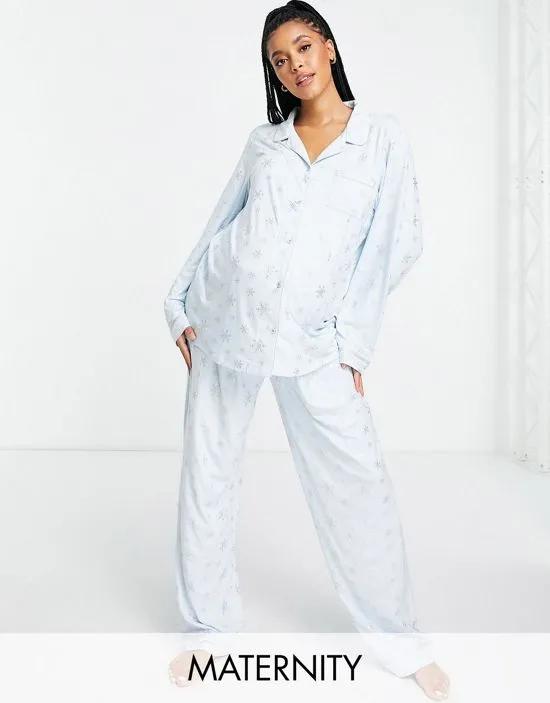 Maternity foil snowflake pajamas in light blue