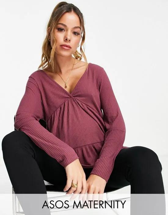 Maternity rib smock top with long sleeve in Aubergine