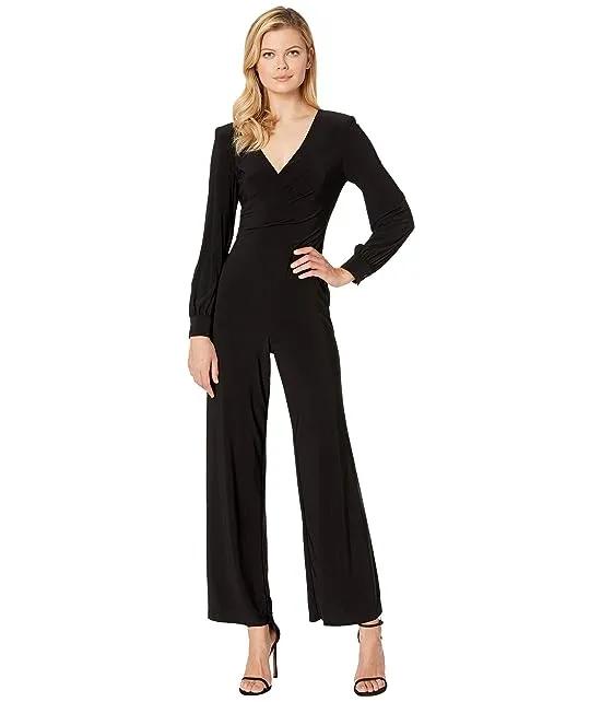 Matte Jersey Draped Jumpsuit with V-Neckline and Long Sleeve