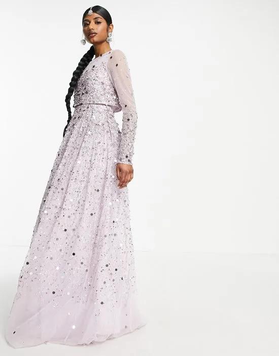 maxi anarkali dress in scatter sequin in lilac