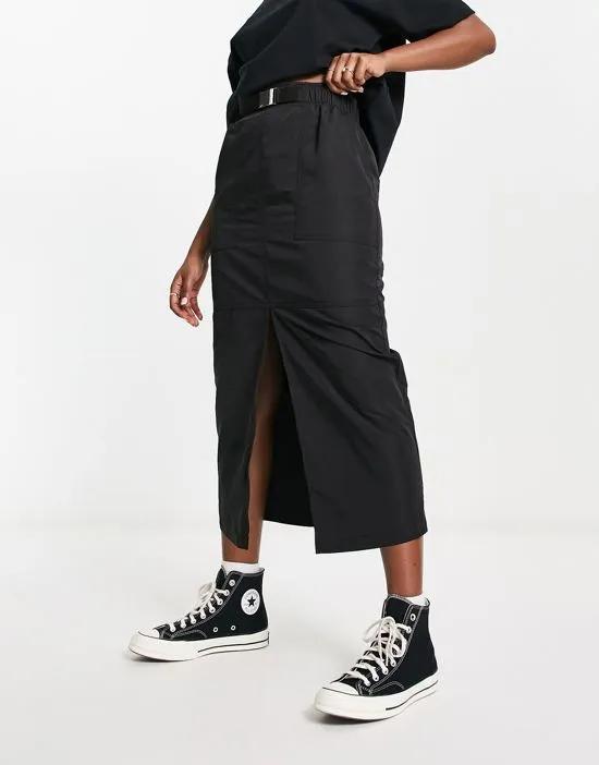 maxi cargo skirt with belt detail in techy fabric in black
