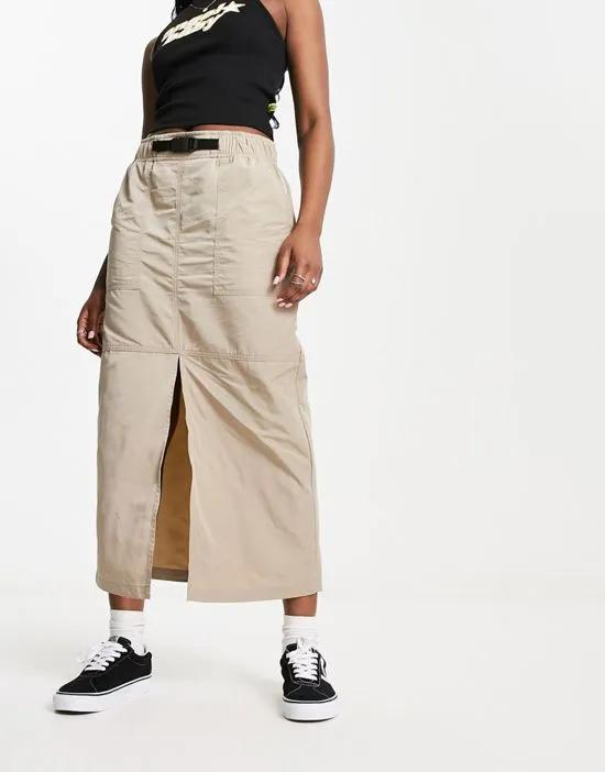 maxi cargo skirt with belt detail in techy fabric in stone