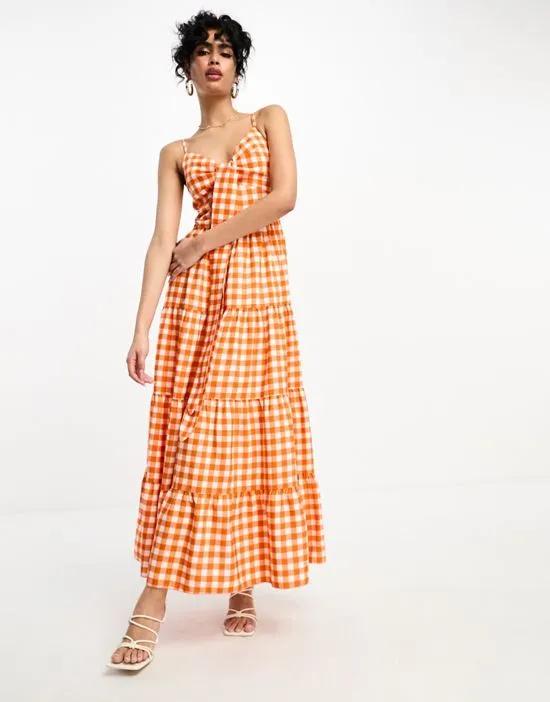 maxi dress in gingham orange print