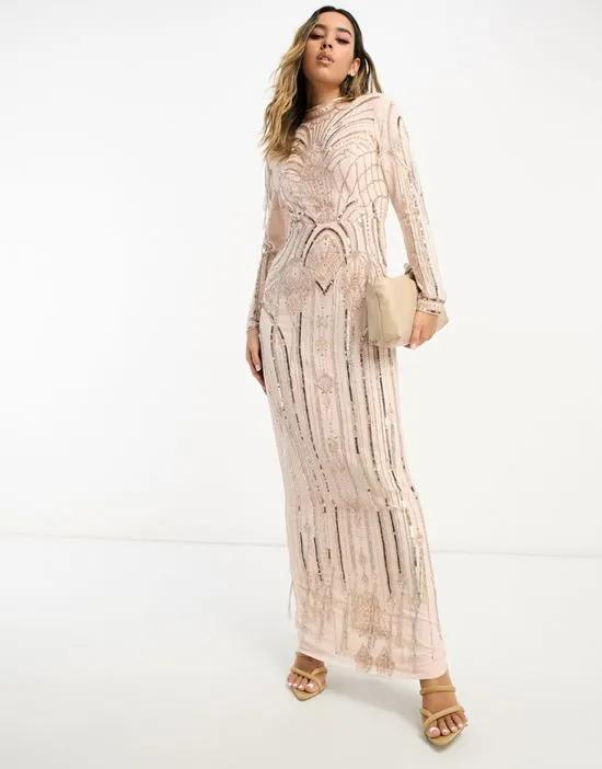 maxi dress with art nouveau embellishment in pink