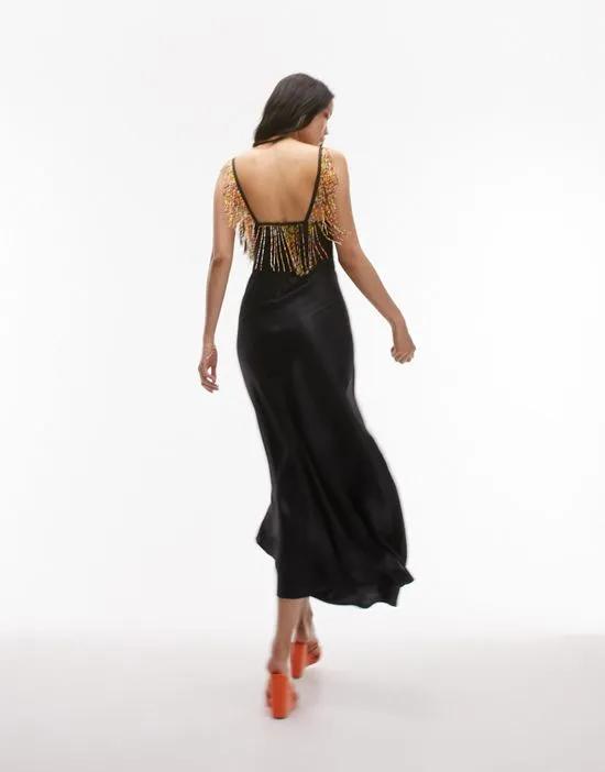maxi dress with beaded fringing detail in black