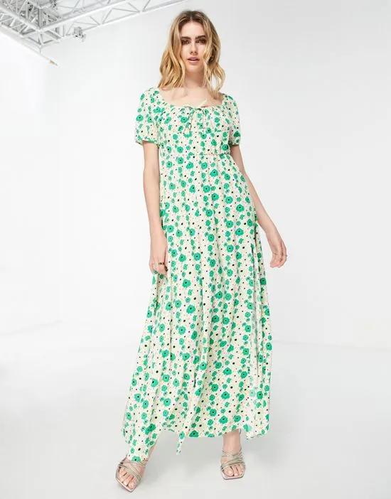 maxi dress with bust detail in green floral print