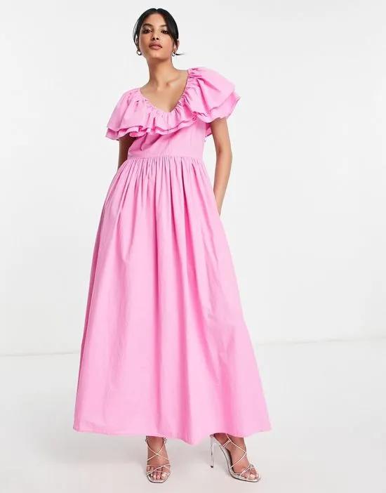 maxi dress with frill detail in pink