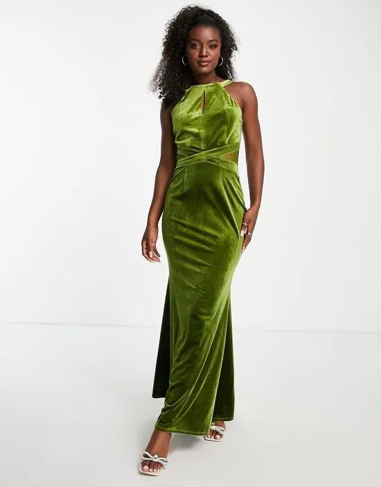 maxi dress with keyhole detail in olive green velvet