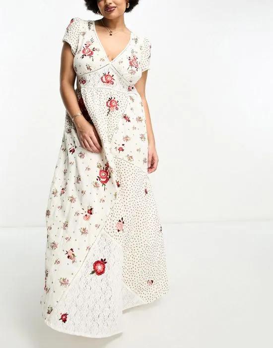 maxi dress with patchwork embroidery in cream floral