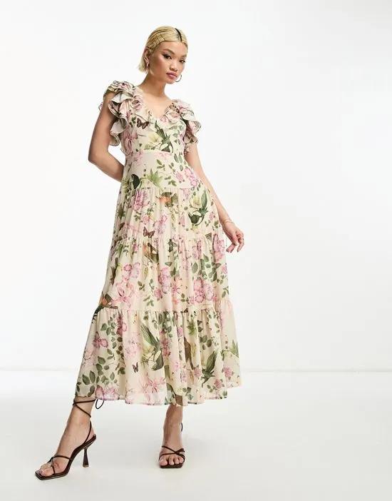 maxi dress with ruffle shoulder detail in floral print