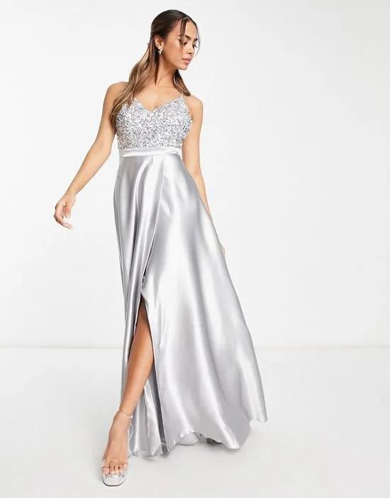 maxi dress with sequin bodice in silver