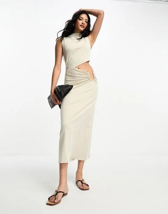 maxi dress with side cut out and gold trim in oat