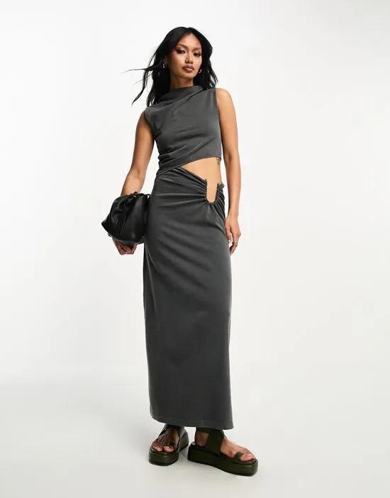 maxi dress with side cut out and gold trim in washed gray