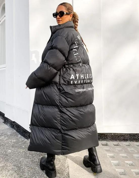 maxi padded coat with back graphic in black