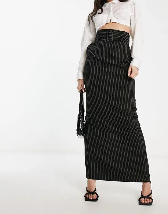maxi pencil skirt with belt in black pinstripe