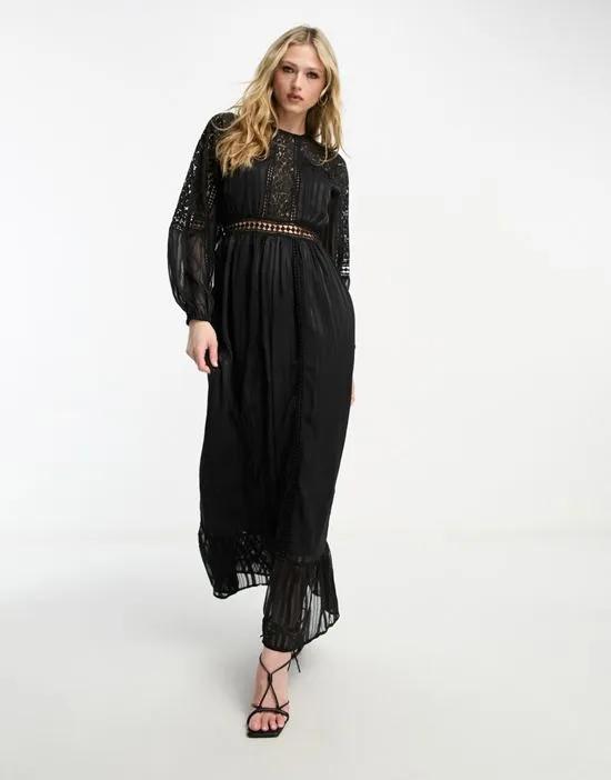 maxi satin dress with mixed scale lace in black