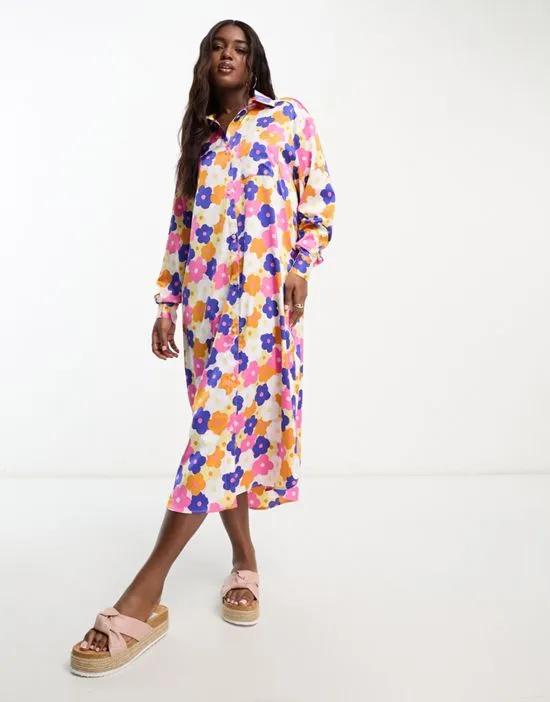 maxi satin floral print shirt dress in multi