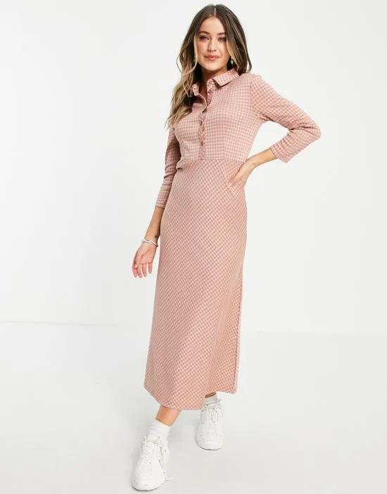 maxi shirt dress in pink houndstooth check