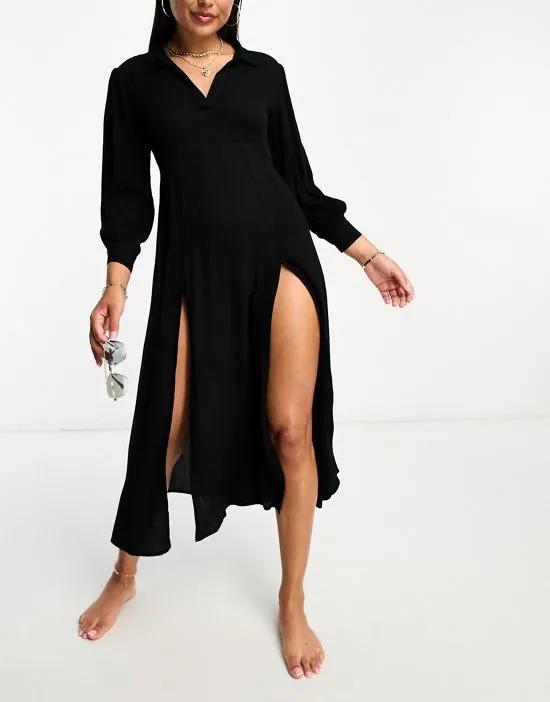 maxi shirt summer dress with splits in black