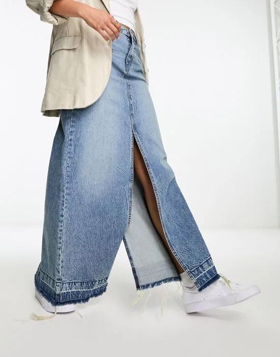 maxi skirt with double split in midwash blue