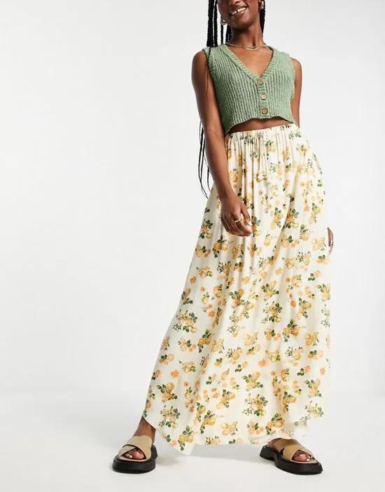 maxi skirt with rope belt in tan floral print