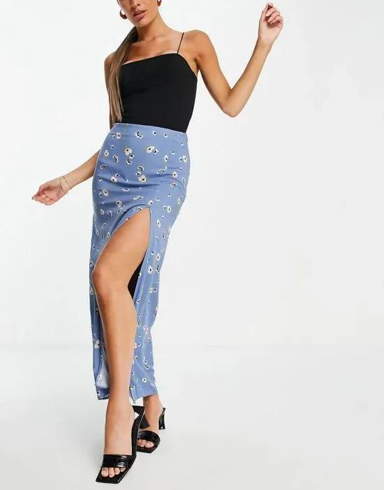 maxi skirt with thigh split in blue floral print