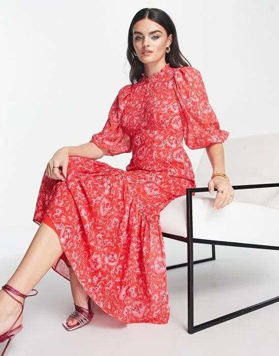 maxi smock dress in red and pink peony print