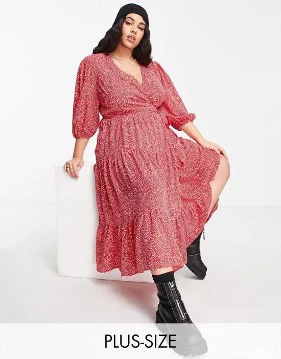 maxi wrap dress with balloon sleeves in red ditsy
