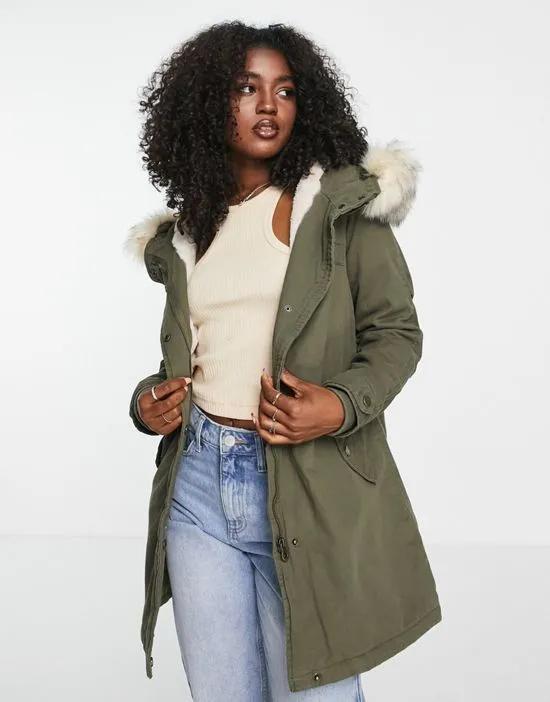 may parka with faux fur trim hood in khaki