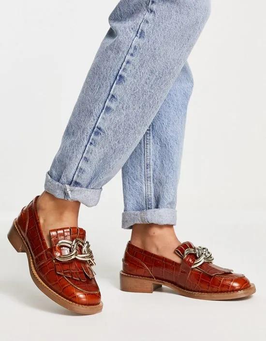 Medallion leather fringe loafers in tan croc