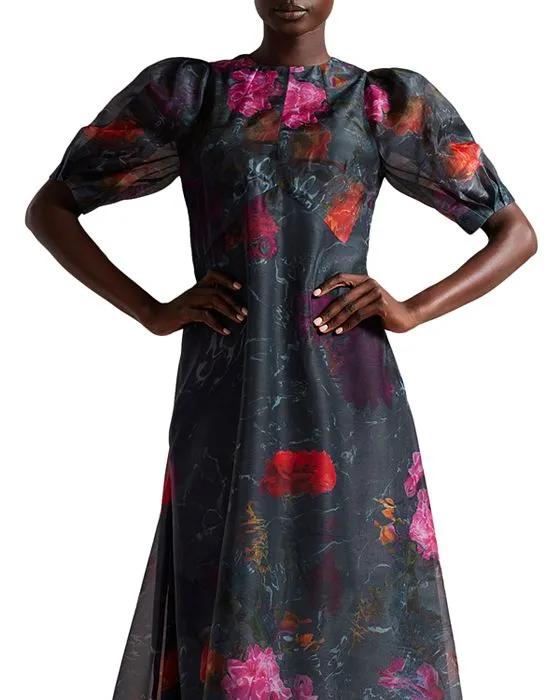 Mekayla Empire Line Printed Puff Sleeve Midi Dress