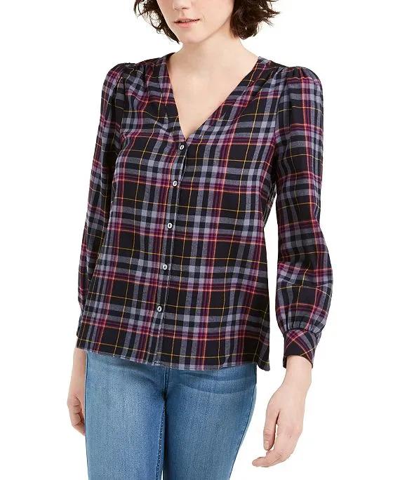 Women's Cotton Flannel Plaid V-Neck Long Sleeve Top