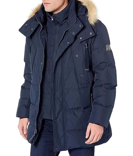 Men's Gattica Down Parka Jacket with Removable Faux Fur Trimmed Hood and Bib