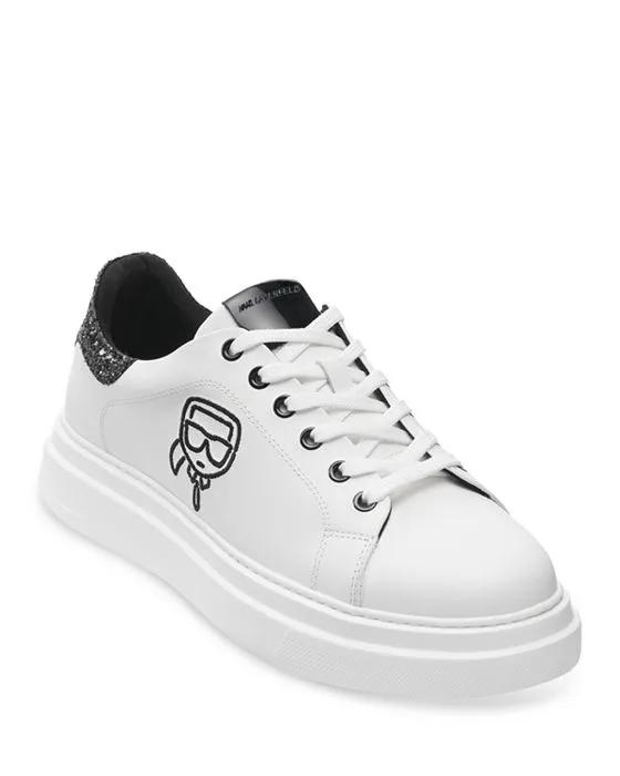 Men's Leather Caricature Logo Embellished Low Top Sneakers