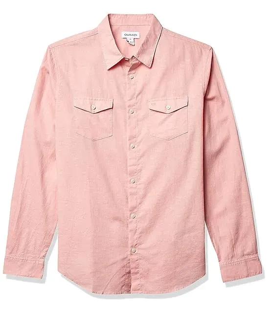 Men's Long Sleeve Stretch Cotton Linen Button Down Shirt