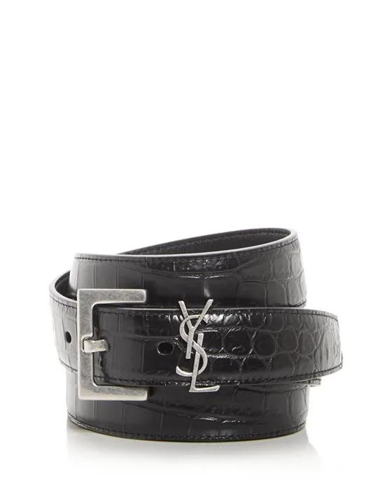 Men's YSL Logo Croc Embossed Leather Belt 