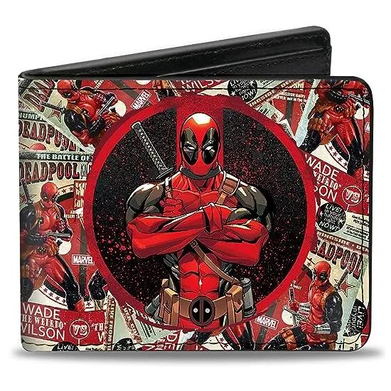 Mens Buckle-down Pu Bifold - Deadpool Arms Crossed Pose Badge/Wade Vs Wade Poster Stacked Bi Fold Wallet, Multicolor, 4.0 x 3.5 US