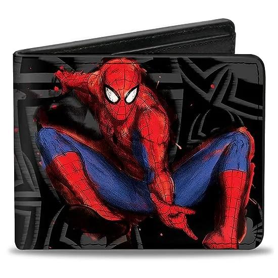 Mens Buckle-down Pu Bifold - Spider-man Jumping Pose Sketch/Scattered Spiders Black/Gray/Red/Blue Bi Fold Wallet, Multicolor, 4.0 x 3.5 US