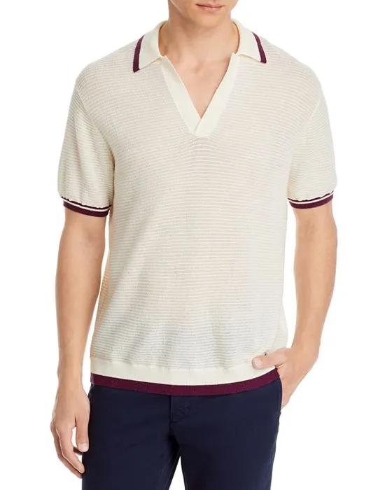 Merino Wool & Cotton Waffle Knit Regular Fit Open Collar Polo Shirt 