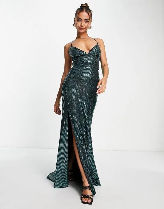 mermaid maxi dress with plunge front in emerald green