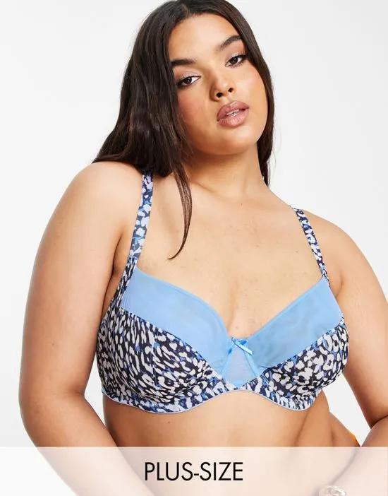 mesh animal balcony bra in blue and pink