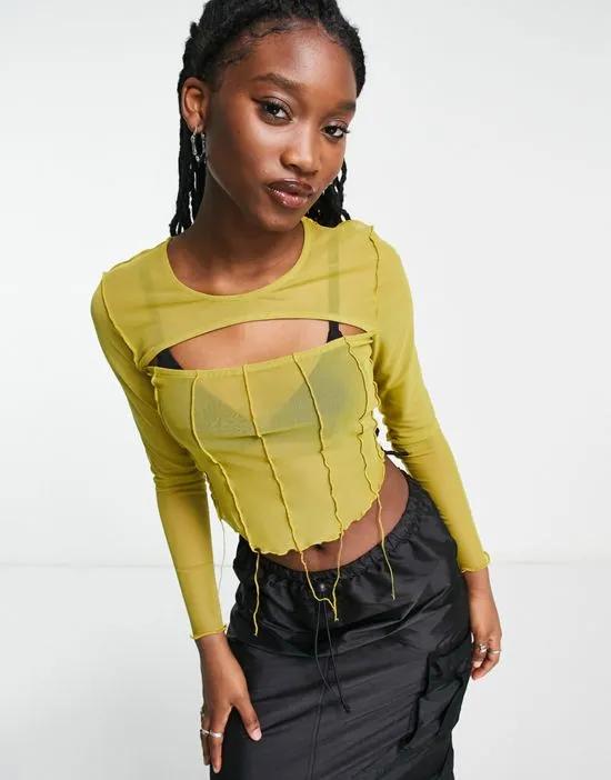 mesh exposed seam cut out top in olive