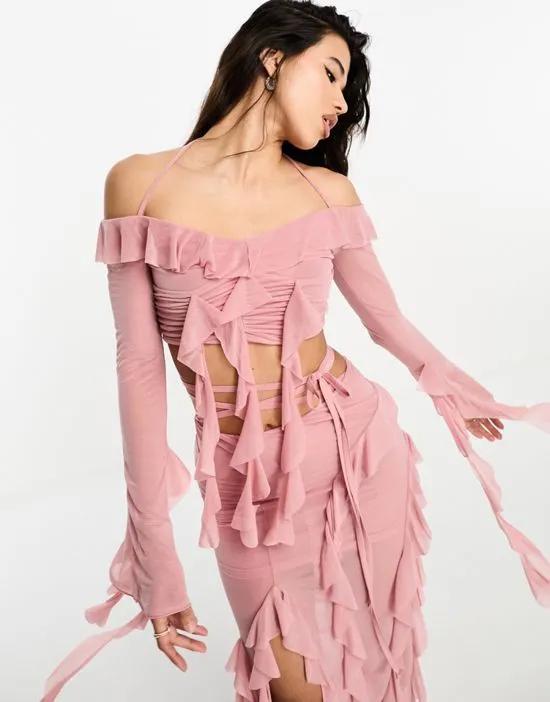 mesh extreme ruffle top in blush - part of a set